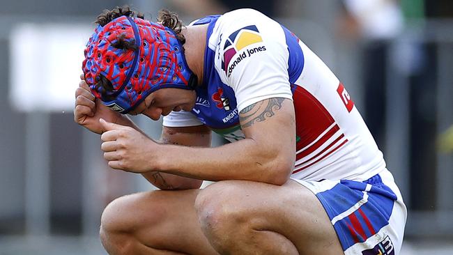 Newcastle's Kalyn Ponga dejected after a try during the NRL Elimination Final match between the South Sydney Rabbitohs and Newcastle Knights at ANZ Stadium. Picture. Phil Hillyard