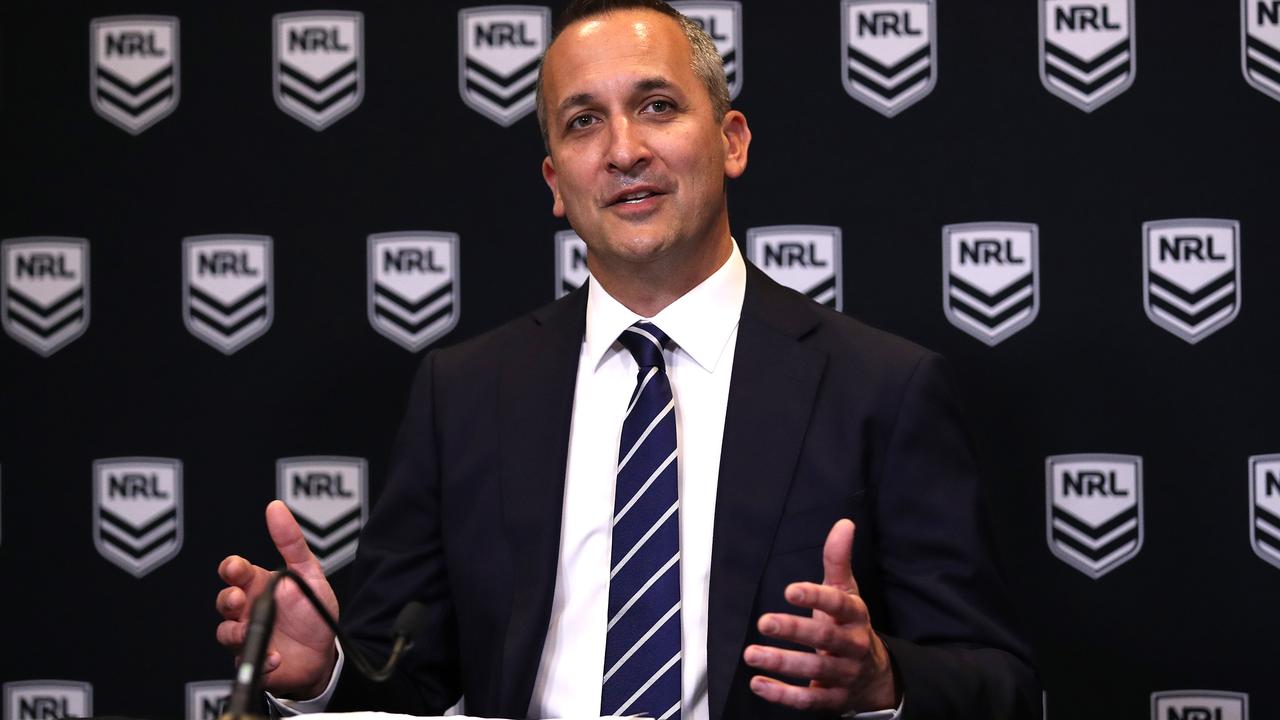 Andrew Abdo today announced as the new CEO of the NRL by ARU Chairman Peter V'landys at League Central in Sydney. Picture. Phil Hillyard