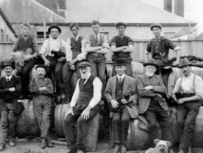 Tasmanian brewery workers in 1908 who featured in part five of a series on Hobart’s historic pubs and hotels titled Cheers! Hobart’s hotel culture is one of the oldest in Australia, and pubs have always been linked to the river city’s history.