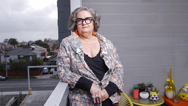 Sue Griffiths on the balcony of her Coburg apartment. Picture: Wayne Taylor