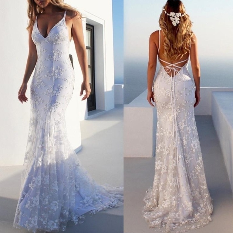 The 'New Women Sleeveless Deep V Neck Backless Floral Printed Mesh Evening Wedding Dress' — which retails for $23 — looked nothing like it did in photos. Picture: Wish