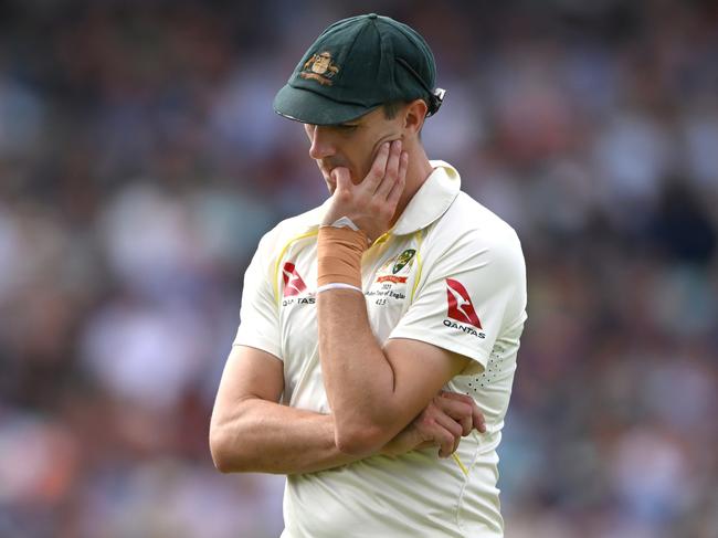 LONDON, ENGLAND - JULY 29: Australia captain Pat Cummins reacts during day three of the LV= Insurance Ashes 5th Test Match between England and Australia  at The Kia Oval on July 29, 2023 in London, England. (Photo by Stu Forster/Getty Images)