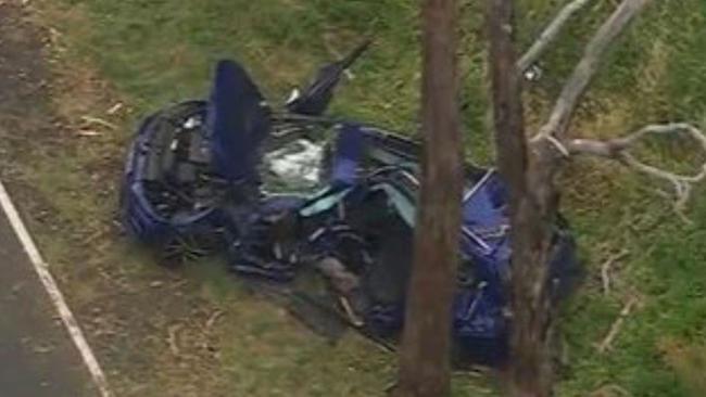 A pregnant Amelia McAlister was killed when this car driven by her boyfriend Darcy Hallford slammed the vehicle in a tree in Park Orchard.Picture: Nine News