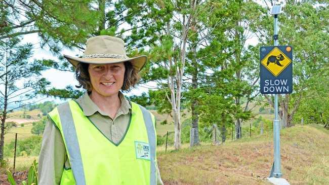 WATCH OUT: Lismore City Council Environmental Strategies Officer Wendy Neilan is hoping Council's new vehicle-activated signage will remind drivers to slow down. Picture: Lismore City Council