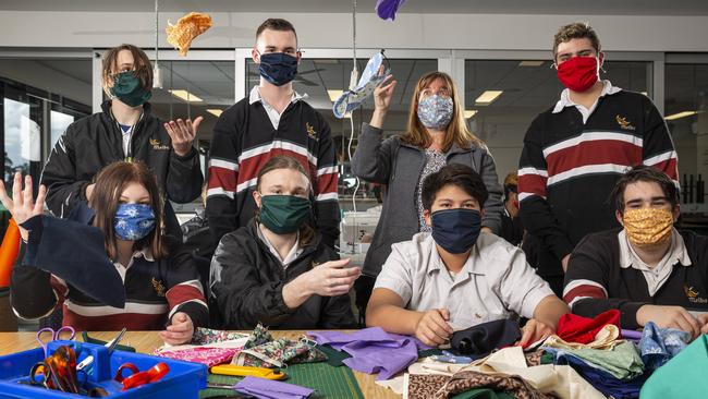 Melba College students with teacher Dee Arambasic are making face masks for needy members of their school community. Picture: Daniel Pockett.