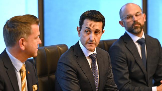 The new LNP government headed by, from left, Deputy Premier Jarrod Bleijie, Premier David Crisafulli and Treasurer David Janetzki. Picture: Lyndon Mechielsen/Courier Mail