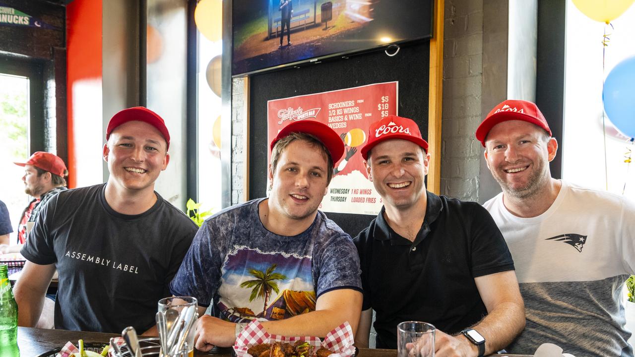 At Tailgate Sports Bar for the NFL Super Bowl are (from left) Corey Bellert, Joel Wieden, Matt Sander and Geoff Broadbent, Monday, February 14, 2022. Picture: Kevin Farmer