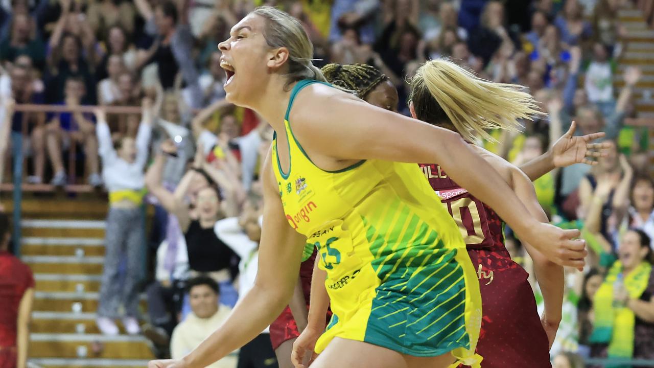 Donnell Wallam of Australia celebrates scoring the winning goal during game one of the International Test series between the Australia Diamonds and England Roses. (Photo by Mark Evans/Getty Images)