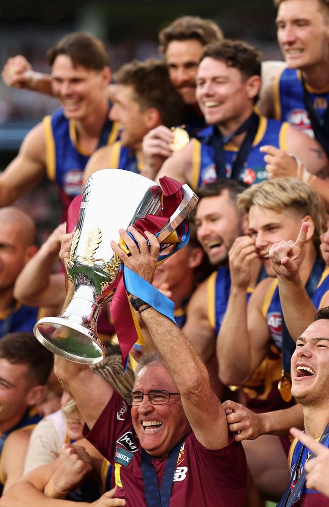 Chris Fagan holds up the cup on Saturday. Picture: Cameron Spencer/AFL Photos