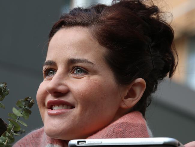 Melbourne Cup-winning jockey Michelle Payne is discharged from The Alfred Hospital, after suffering from a serious injury during a fall off her horse. Picture: Alex Coppel