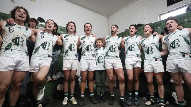 Echuca belt out the team song after beating Kyabram in the Goulburn Valley league on Saturday.