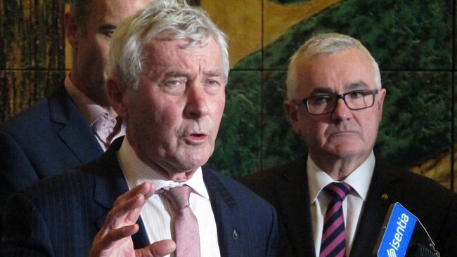 Lawyer Bernard Collaery, left, with Andrew Wilkie at Parliament House last month. Wilkie revealed in Parliament that Collaery and a former spy client who accused the Australian government of illegally bugging the East Timorese Cabinet have been charged with conspiring to disclose secret information. (Pic: Rod McGuirk/AP)