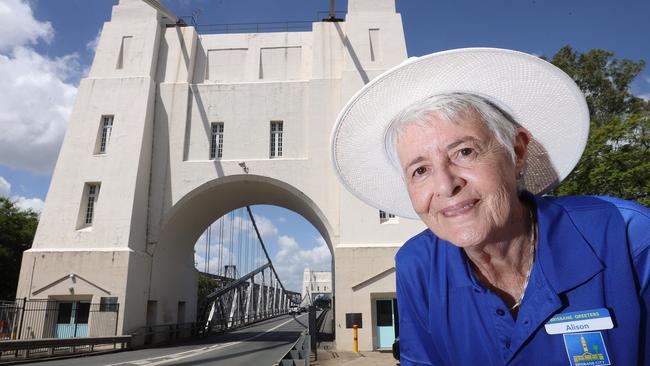 Brisbane Greeter Alison Muirhead during a tour of the Walter Taylor Bridge, Indooroopilly. Picture: Liam Kidston