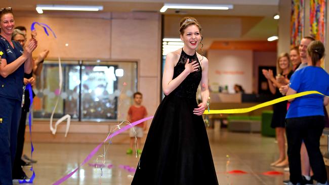 Mackenziee Lawler in her formal dress at Queensland Children's Hospital. Picture: John Gass