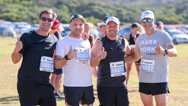 A group of mates after finishing the 2023 Portsea Bay to Surf run.