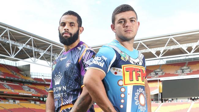 Storm’s Josh Addo-Carr and Titans’ Ash Taylor.