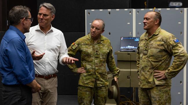 Luke Gosling OAM, MP, Richard Marles Deputy Prime Minister of Australia, Brigadier Colin Bassett and Brigadier Doug Pashley CSC at Robertsons Barracks, NT, announcing a new training facility on February 20, 2025. Picture: Pema Tamang Pakhrin