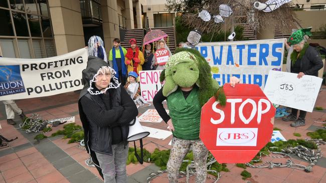 FISH FIGHT: Michelle Pears and Moira Corby protesting outside the Huon Aquaculture building on Collins St. Picture: Kenji Sato