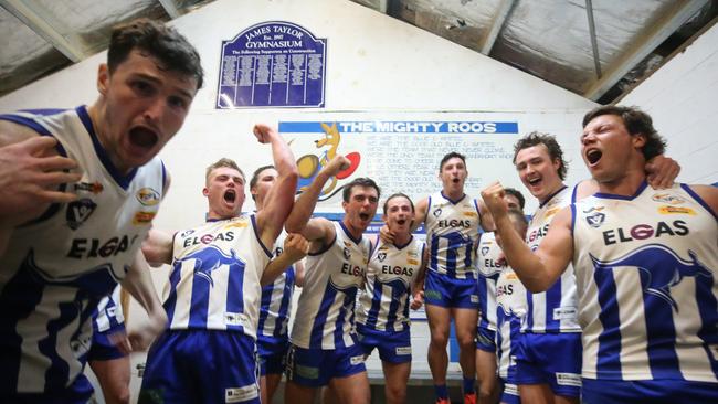 Yackandandah players celebebrate their big win over Beechworth. Picture Yuri Kouzmin