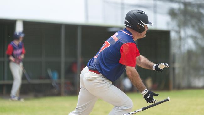 Stewart Kiely hits and runs for Toowoomba Rangers against Carina Redsox Red in GBL division four baseball at Commonwealth Oval, Sunday, December 6, 2020. Picture: Kevin Farmer