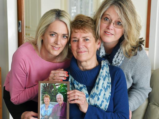 Widow, Veronica Leaney, centre, whose husband Roger died after travelling on the Ruby Princess cruise ship with her daughters Cheryl Ogden and Jo Tonkin at her Valley View home. Picture: Mark Brake