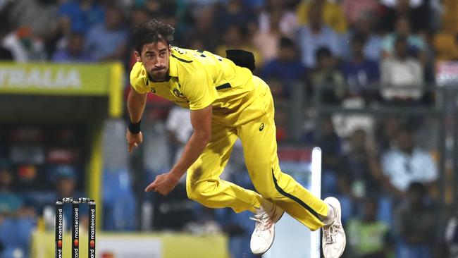 MUMBAI, INDIA - MARCH 17: Mitchell Starc of Australia bowls during the first game in the One Day International Series between India and Australia at Wankhede Stadium on March 17, 2023 in Mumbai, India. (Photo by Pankaj Nangia/Getty Images)