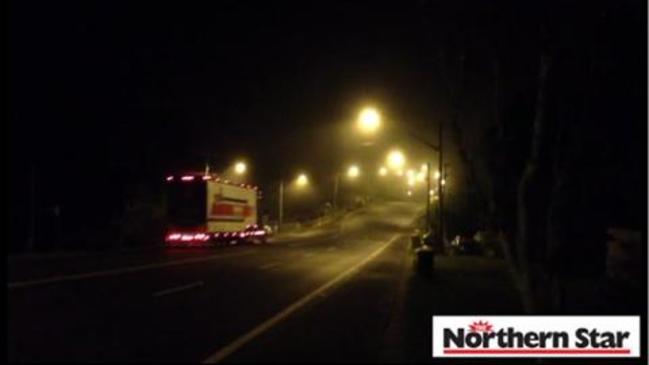 Overtaking truck wipes out road sign