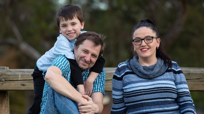 Rob and Samantha Skrzypek with their son Braxton, 7, who has a sleep disorder that results in him falling asleep anywhere. They have been waiting 18 months for a diagnosis. Picture:Justin Lloyd