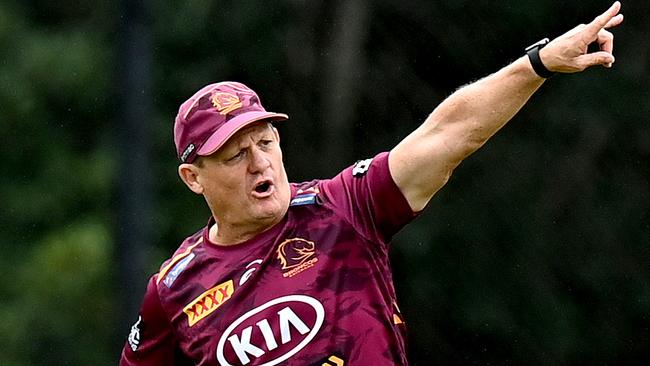 BRISBANE, AUSTRALIA - MARCH 04: Coach Kevin Walters calls out instructions to the players during a Brisbane Broncos NRL training session at Clive Berghofer Centre, on March 04, 2021 in Brisbane, Australia. (Photo by Bradley Kanaris/Getty Images)