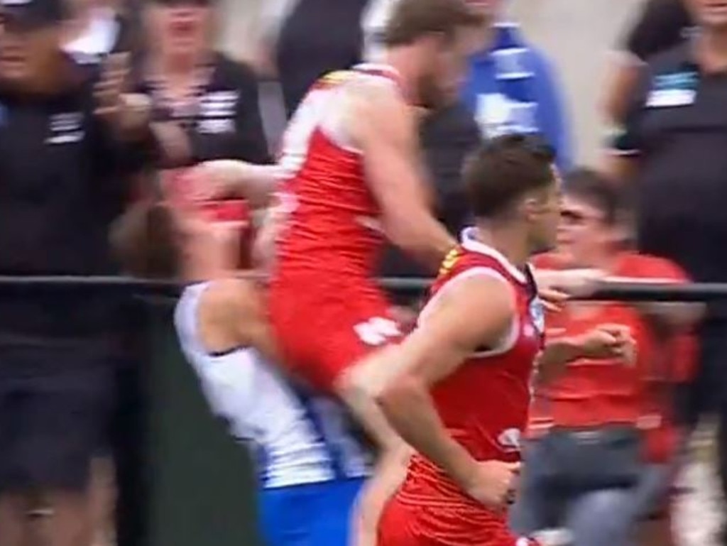 Community Cup series. St Kilda vs North Melbourne at RSEA Park, Moorabbin. Jimmy Webster and Jy Simpkin incident Picture: Channel 9