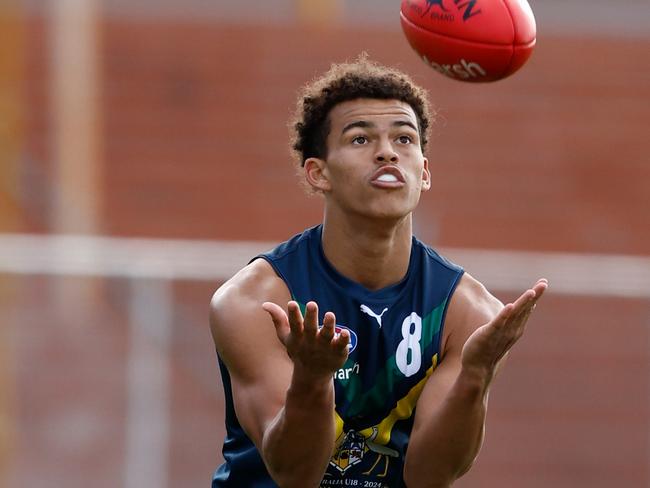 MELBOURNE, AUSTRALIA - APRIL 27: Leonardo Lombard of the AFL Academy in action during the 2024 AFL Academy match between the Marsh AFL National Academy Boys and Footscray Bulldogs at Whitten Oval on April 27, 2024 in Melbourne, Australia. (Photo by Michael Willson/AFL Photos via Getty Images)