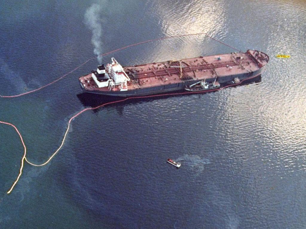 Crude oil from the tanker Exxon Valdez swirls on the surface of Alaska's Prince William Sound near Naked Island in April 1989.