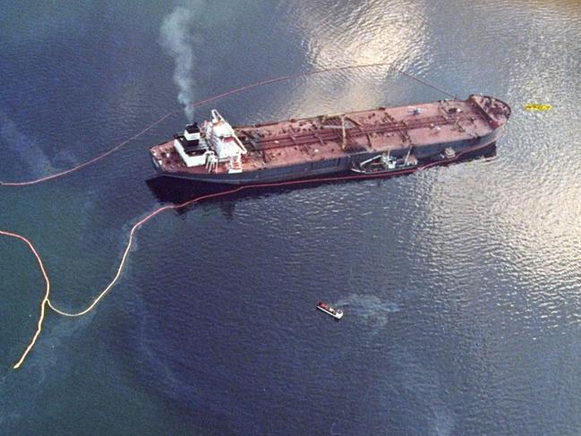 Crude oil from the tanker Exxon Valdez swirls on the surface of Alaska's Prince William Sound near Naked Island in April 1989.