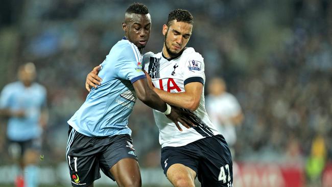 Bernie Ibini (left) in action for Sydney FC against Tottenham last year.