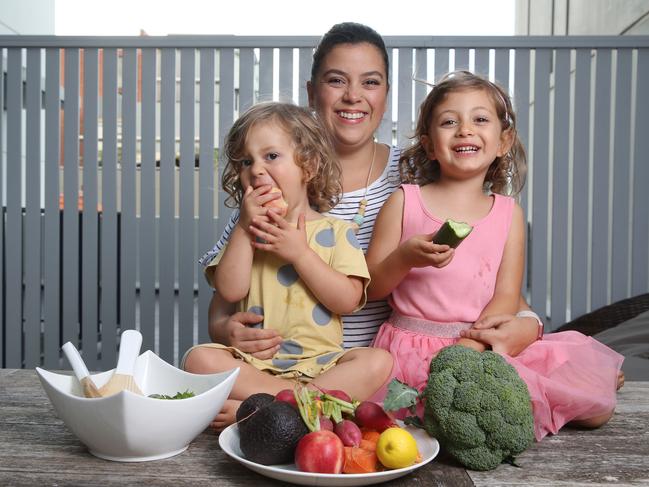 Tara Scogie, with daughters  Aria and  Melody, says she doesn’t really use the Health Star Rating when out shopping for her young family but always tries to choose unpackaged, healthy foods. Picture: David Swift.