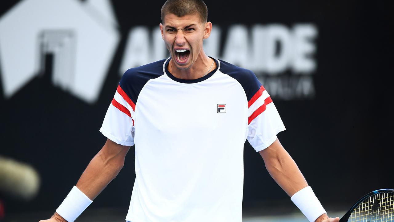 A fired up Alexei Popyrin celebrates a point against Yoshihito Nishioka. Picture: Mark Brake/Getty Images