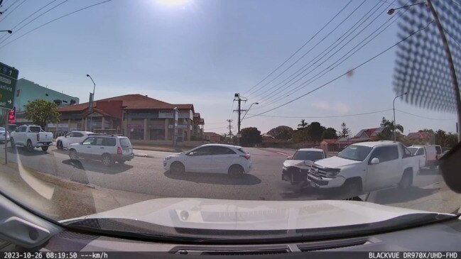 Car gets taken out after crossing three lanes at Sunnybank