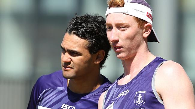 Tobe Watson (right) scored 73 KFC SuperCoach points in his second game for Fremantle.