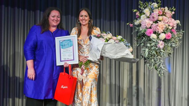 Advertiser editor Gemma Jones with Woman of the Year winner Katherine Bennell-Pegg. Picture: Naomi Jellicoe