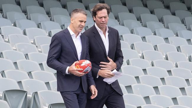 AFL chief executive officer Gillon McLachlan with Premier Peter Malinuaskas at Adelaide Oval. Picture: Sarah Reed/AFL Photos via Getty Images