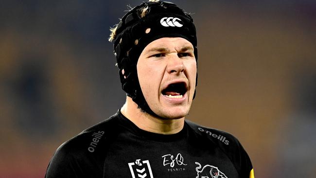 BRISBANE, AUSTRALIA - APRIL 15: Matt Burton of the Panthers shows emotion during the round six NRL match between the Brisbane Broncos and the Penrith Panthers at Suncorp Stadium, on April 15, 2021, in Brisbane, Australia. (Photo by Bradley Kanaris/Getty Images)