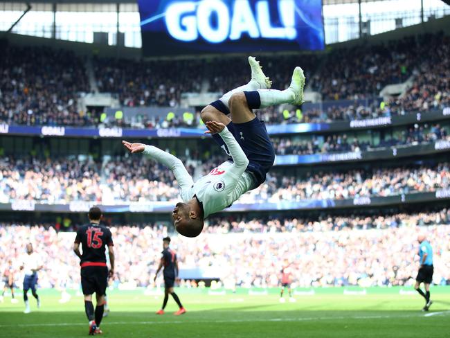 LONDON, ENGLAND - APRIL 13:  Lucas Moura of Spurs celebrates scoring his second goal during the Premier League match between Tottenham Hotspur and Huddersfield Town at Tottenham Hotspur Stadium on April 13, 2019 in London, United Kingdom. (Photo by Julian Finney/Getty Images)