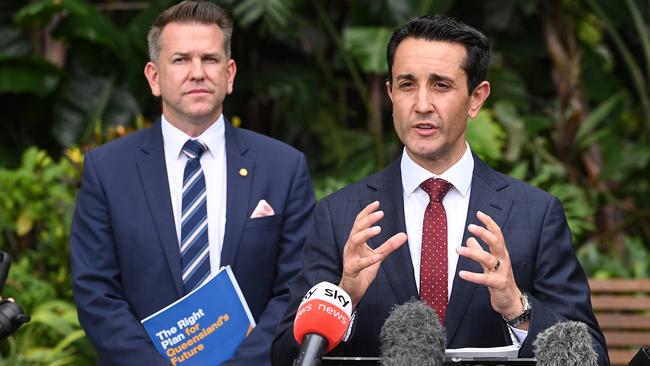 New premier of Queensland David Crisafulli and his deputy Jarrod Bleijie have been sworn into their positions following Saturdays state election. Picture: NewsWire / John Gass