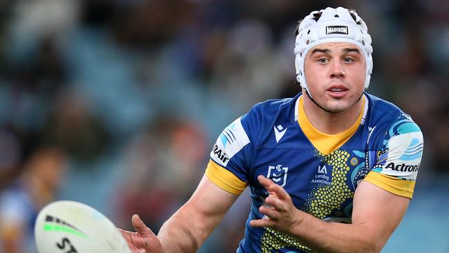 SYDNEY, AUSTRALIA - MAY 29: Reed Mahoney of the Eels releases the ball during the round 12 NRL match between the South Sydney Rabbitohs and the Parramatta Eels at Stadium Australia, on May 29, 2021, in Sydney, Australia. (Photo by Jason McCawley/Getty Images)