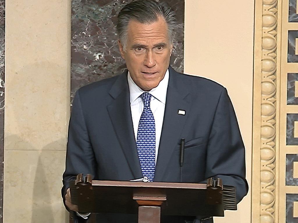 Republican senator Mitt Romney speaks on the Senate floor about the impeachment trial against President Donald Trump. Picture: AP