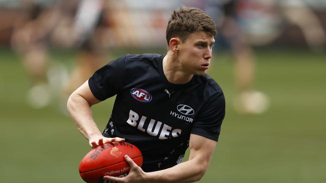 Sam Walsh (pictured) and Adam Cerra will return to the Blues midfield against GWS on Sunday. Picture: Darrian Traynor / Getty Images