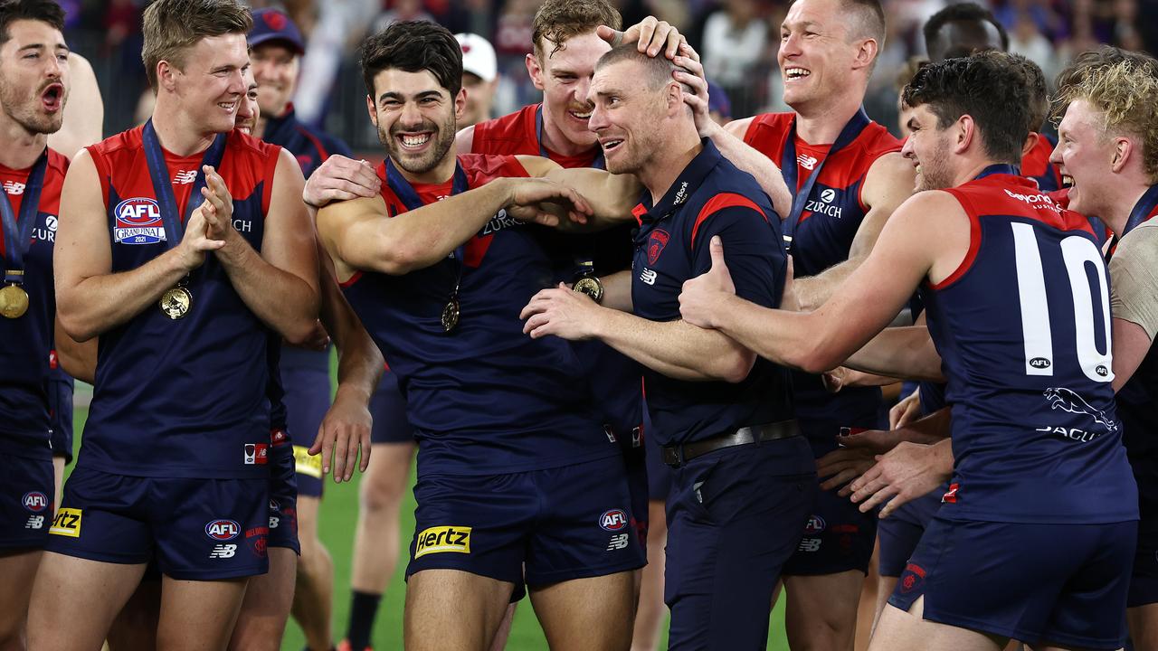 PERTH. 25/09/2021. AFL Grand Final. Melbourne vs Western Bulldogs at Optus Stadium, Perth. . Simon Goodwin, senior coach of the Demons with his players at the presentation . Photo by Michael Klein