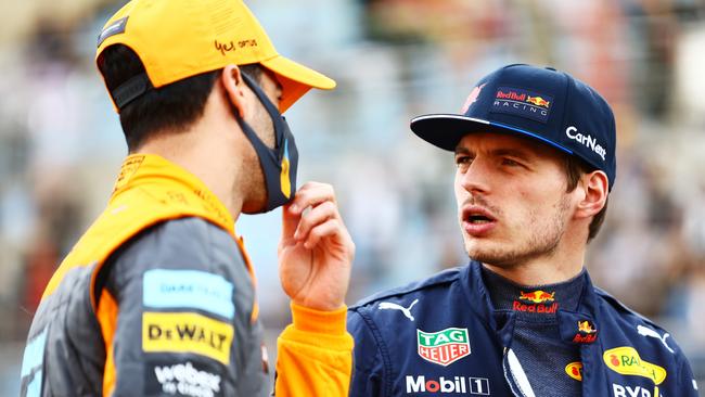 Max Verstappen of the Netherlands and Oracle Red Bull Racing talks with Daniel Ricciardo