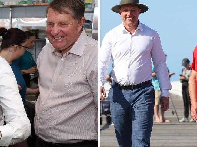 David Crisafulli with David Lee, and Steven Miles with Adrian Tantari at Hervey Bay ahead of the 2024 Queensland state election.