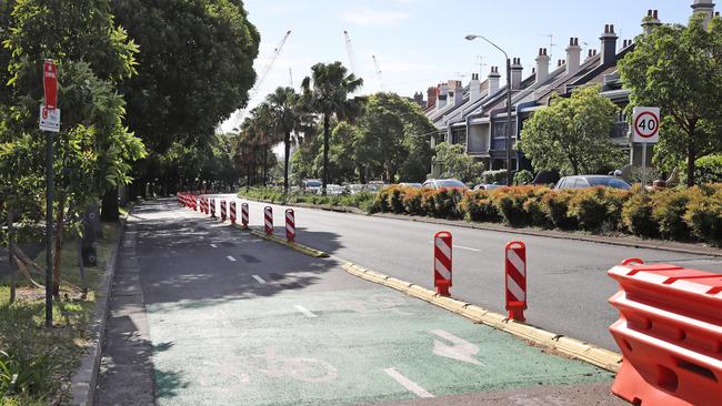 The pop-up cycleway on Moore Park Road in Sydney was constructed in mid-2020. Picture: Richard Dobson.